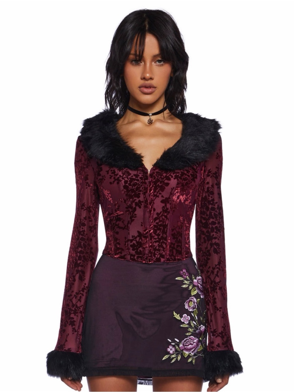 Velvet Floral Burgundy Long-Sleeve Top with Faux Fur Trim